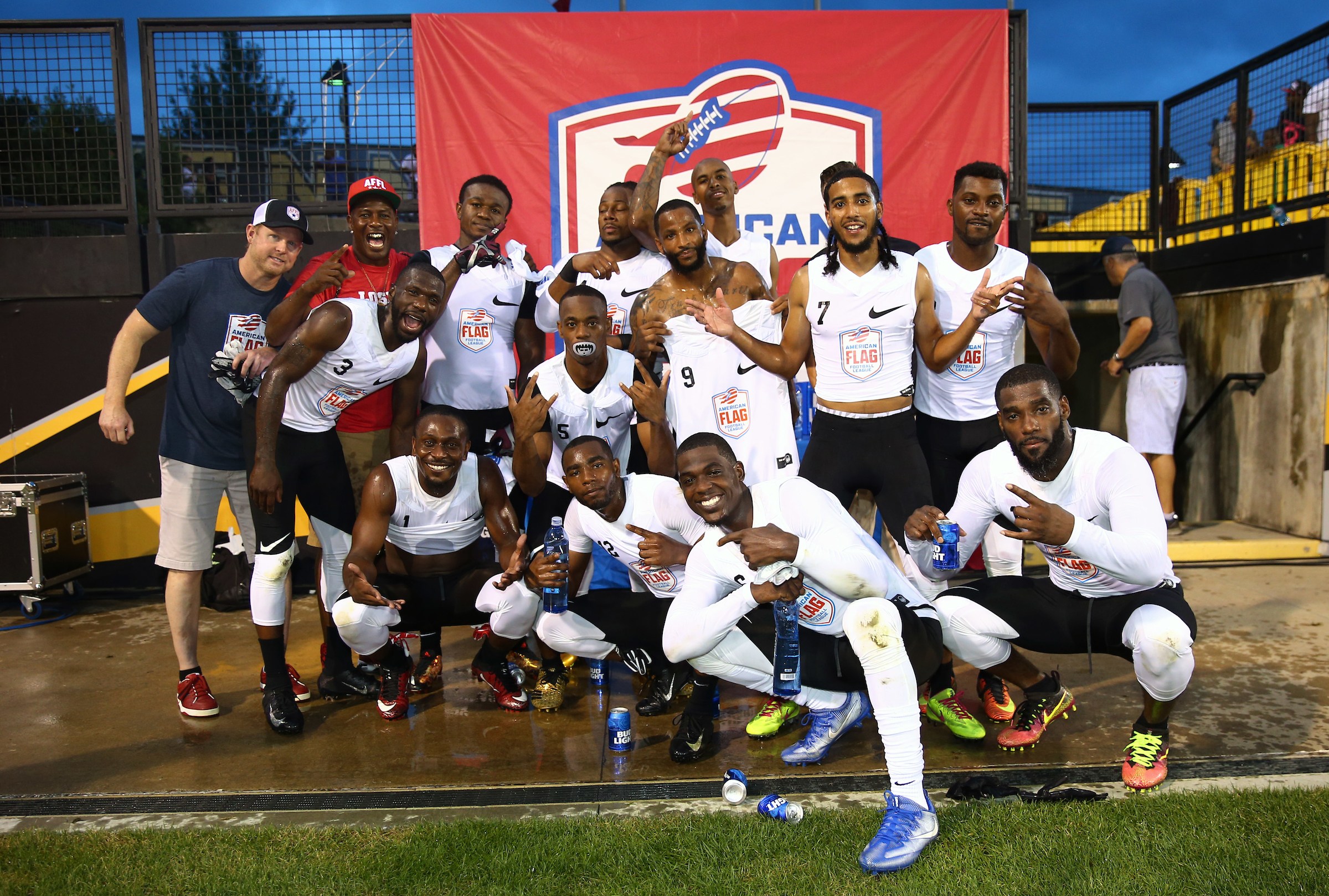 Fighting Cancer celebrates their win over Primetime at the American Flag Football League (AFFL) U.S. Open of Football tournament, Saturday, July 7, 2018 in Kennesaw, Ga. (Kevin D. Liles/AP Images for American Flag Football League)
