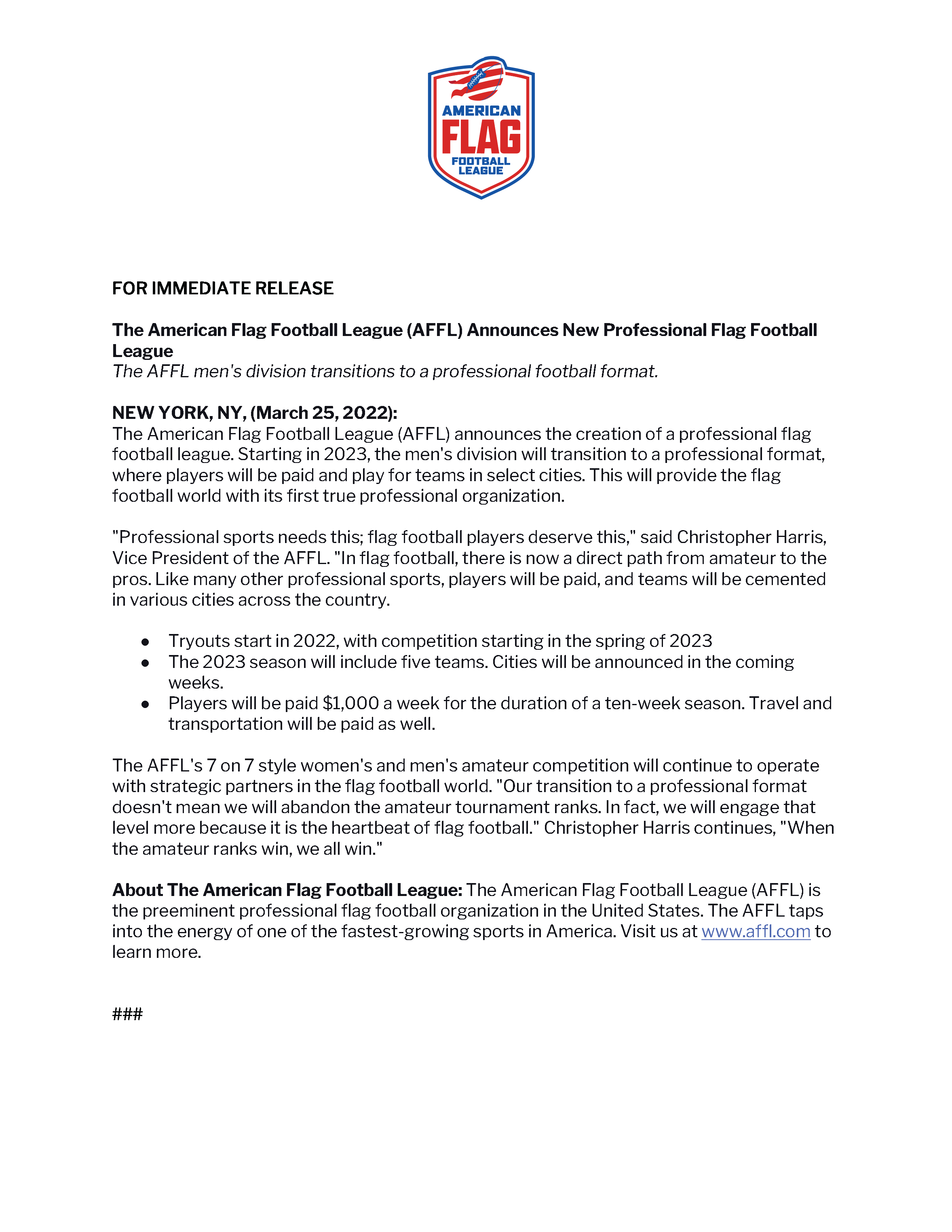 AFFL - Pro League Announcement